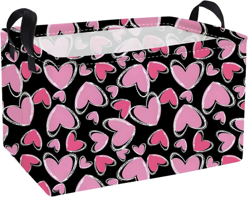 ESSME Rectangular Valentine's Day Baskets Cute Storage Box,Heart Storage Bins Organizer with Handles for Kids Room Decor,Gift Basket,Shelf Basket,(Black line heart) - Image 1